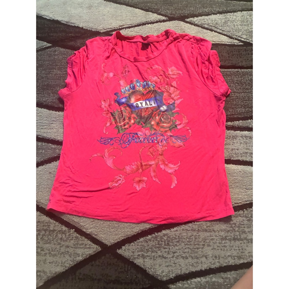 Shein Womens XL Hot Pink Loyalty Graphic Tee Heart Rose Rhinestone Top